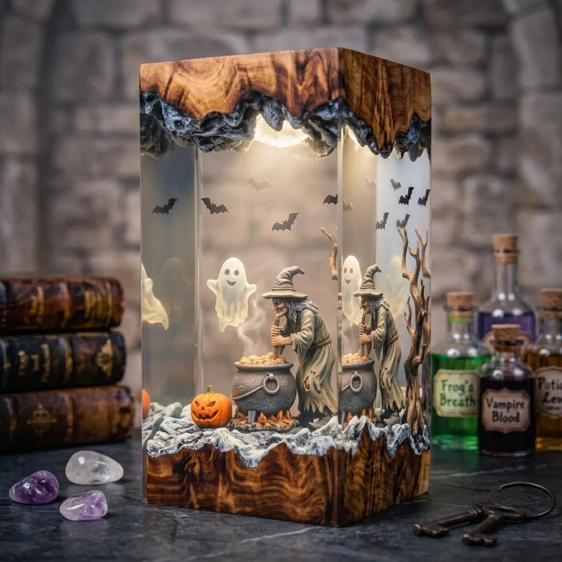Spooky Witch Cauldron Resin Lamp, Poison Brew Night Light, Jack O Lantern Pumpkins, Flying Vampire Bats, Handmade Epoxy Halloween Gift. RLPETAL07