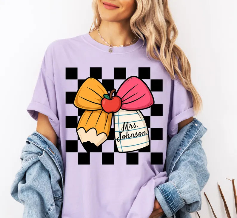Custom Teacher Shirt, Personalized Teacher Name TShirt, Comfort Colors Back To School Teacher Team Bow T-shirt, Teacher Appreciation Gifts. SPETAL15