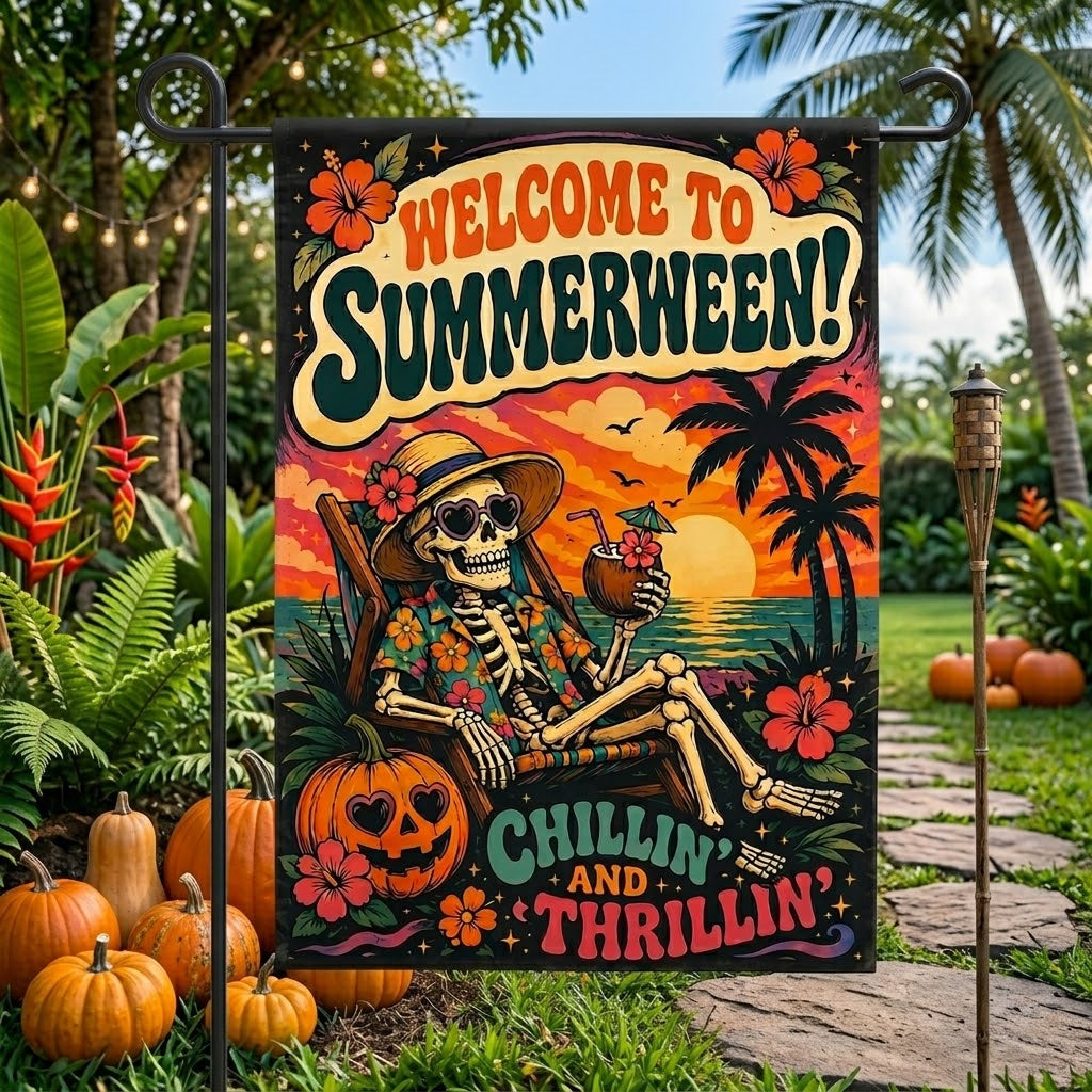 Summerween Garden Flag, Skeleton Halloween Beach Flag, Tropical Halloween Decor, Spooky Summer Yard Flag, Pumpkin Flag. HLWGFPETAL24