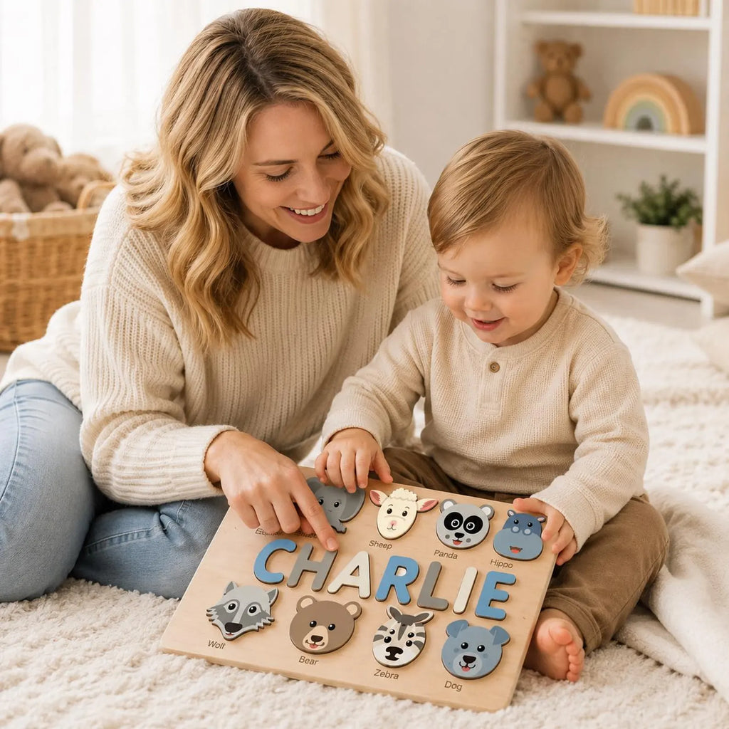 Personalized Wooden Name Puzzle, Custom Flower Toy for Toddler, Baby Girl Nursery Decor, First Birthday Gift, Wooden Floral Matching Game. NPPETAL10