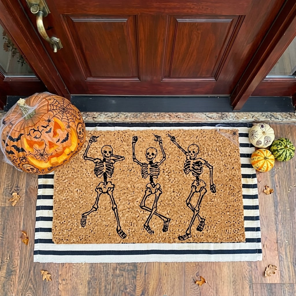 Dancing Skeleton Doormat | Halloween Decor | Fall Home Decor | Welcome Door Mat | Cute Fall Doormat | Fall Housewarming Gift| Skeleton Skull. DMPETAL12