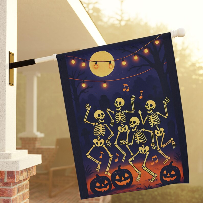 Dancing Skeletons Halloween Garden Flag, Funny Graveyard Party Decor, Spooky Skeleton Yard Sign. HLWGFPETAL3