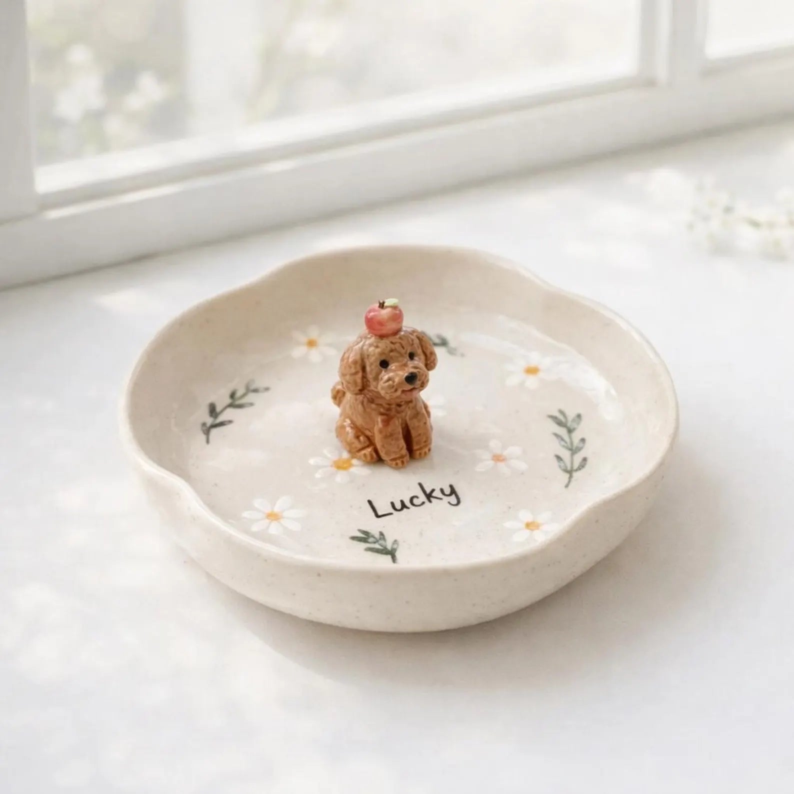 Custom 3D Pet Ring Dish, Daisy Ceramic Jewelry Tray, Hand-sculpted Dog Portrait Trinket Bowl. CPPETAL02