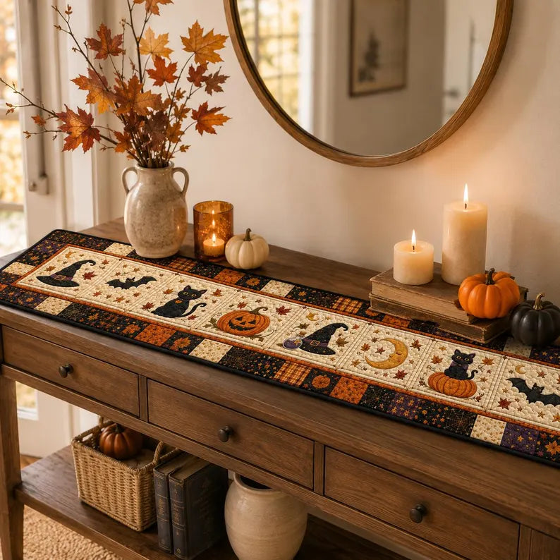 Halloween Quilted Table Runner: Black Cat, Pumpkin and Witch Patchwork October Dinners Decor, Winter Fall Spooky Table Linen. QTRPETAL13