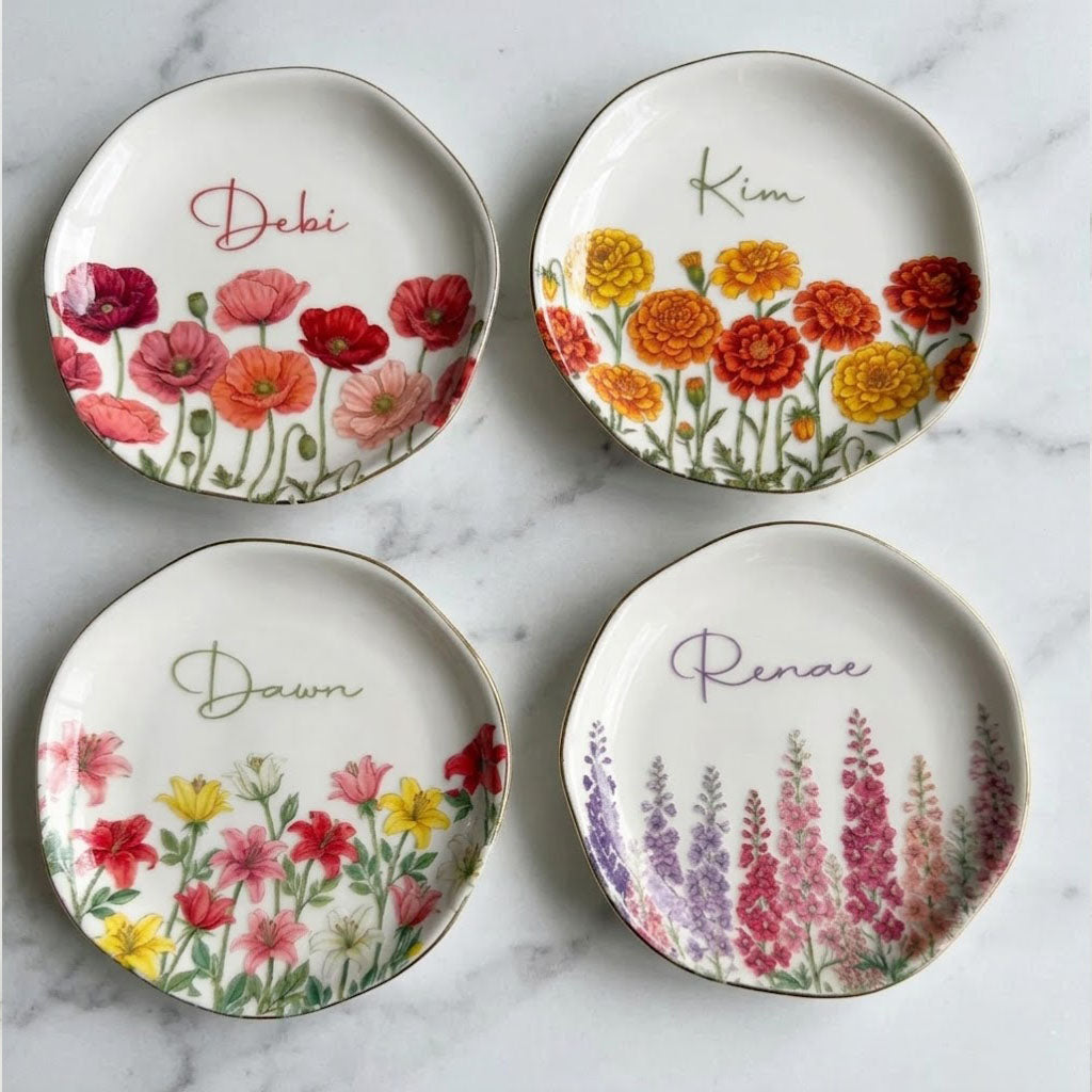 Personalized Watercolor Birth Month Flower Ring Trinket Dish, Birthday Jewelry Dish, Wedding Bridesmaid Gift. JWPETAL01