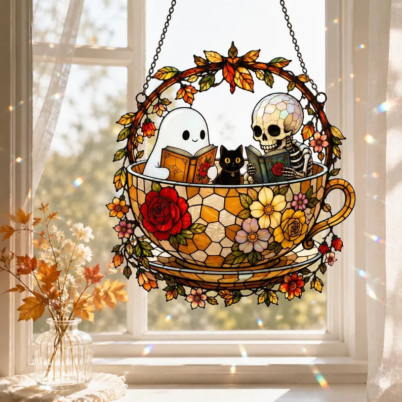 Skeleton Ghost Reading Book Acrylic Suncatcher, Black Cat in Teacup, Books Lover Gift. HSPETAL10