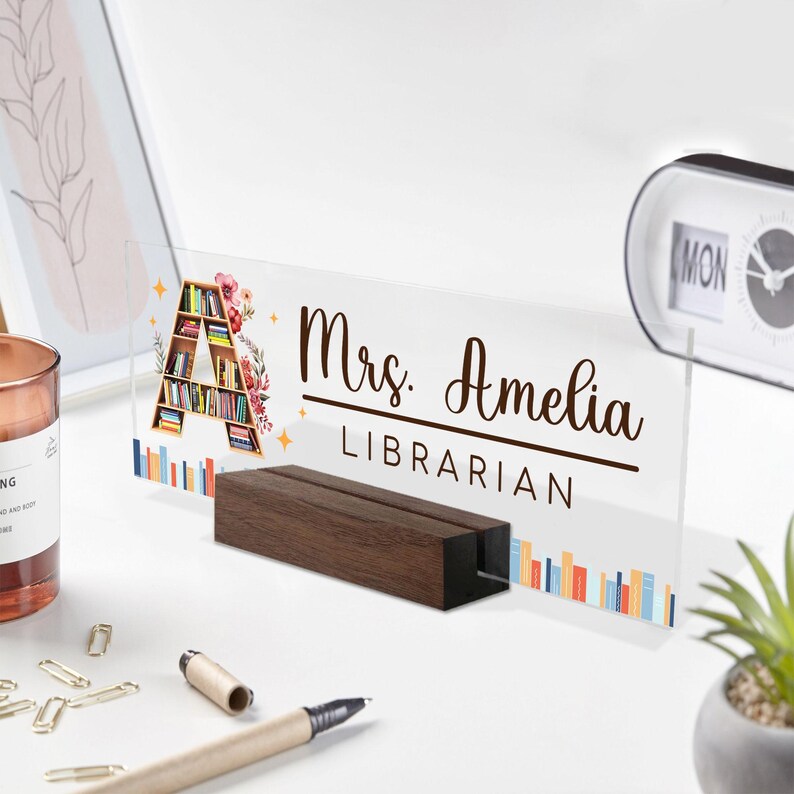 Custom Teacher Desk Name Plate, Teacher Acrylic Block, Teacher Appreciation Gift, Back to School, Book Lover Gift, Librarian Name Sign Gift. DNPETAL09