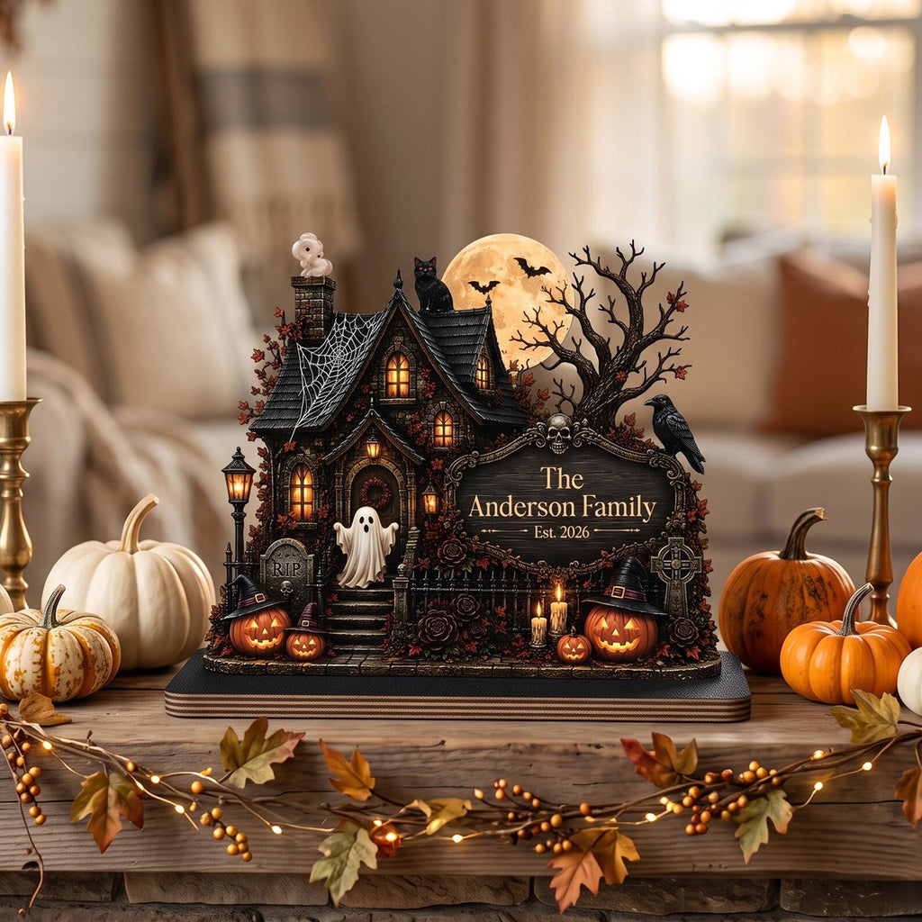 Personalized Haunted House Wooden Block, Custom Family Name Halloween Decor, Spooky House Tabletop Sign. WBPETAL9