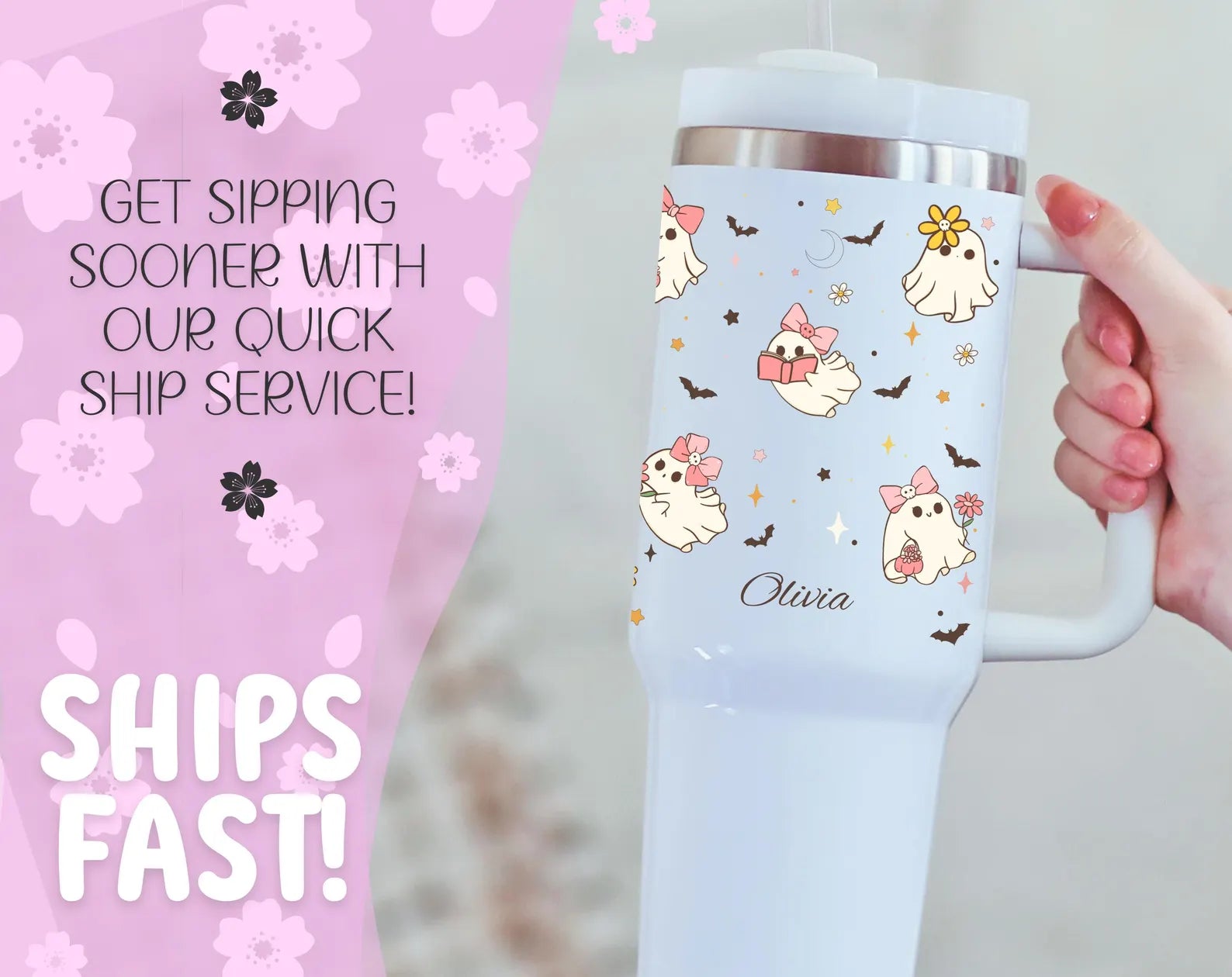 Custom Halloween 40oz Tumbler Personalized Name Cup Cute Spooky Season Keepsake Kawaii Ghost Mug Retro Halloween Tumbler Large Travel Mug. TBLPETAL5