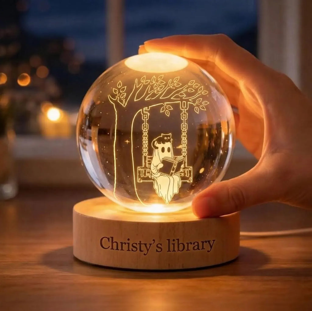 Personalized Ghost Reading Book Crystal Ball, Custom Library Night Light, Book Lover Gift, Cute Ghost Black Cat Lamp, Bookish Room Decor. LEDPETAL20