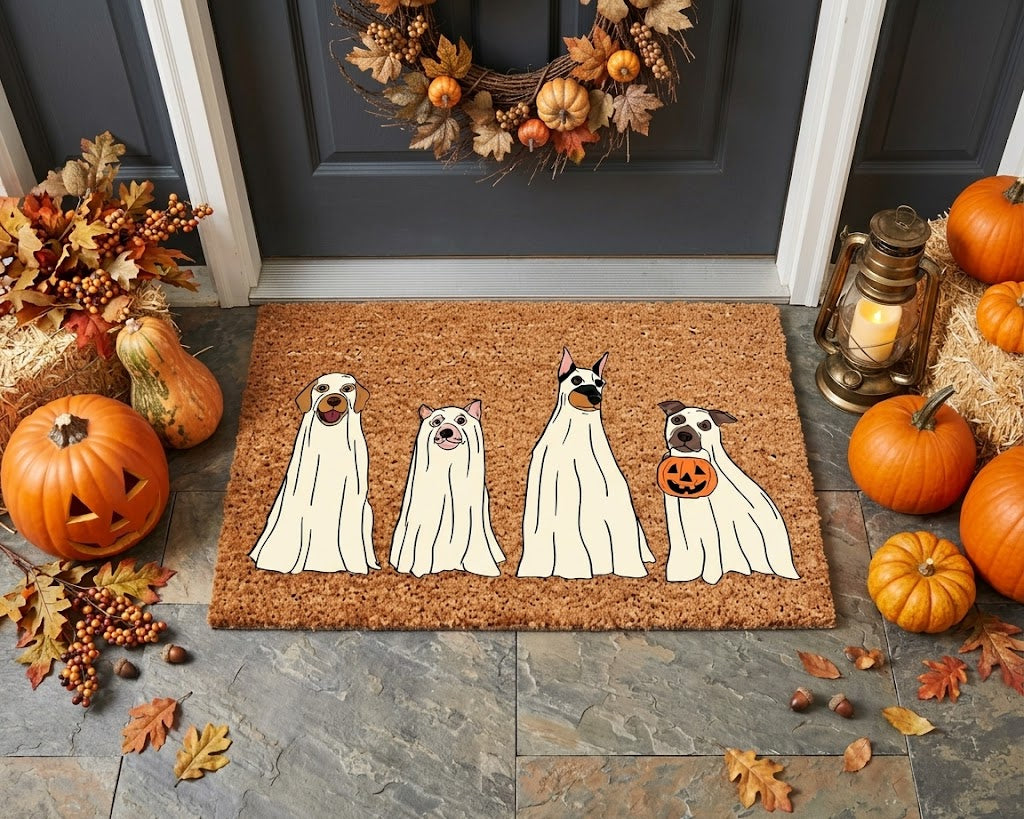 Ghost Dog Doormat, Funny Halloween Dog Doormat, Spooky Pet Welcome Mat, Dog Lover Gift, Halloween Decor, Coir Door Mat. DMPETAL6