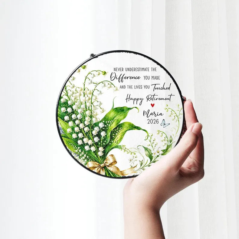 Lily of the Valley Retirement Suncatcher, Custom Teacher Gift, Personalized Window Hanging, Retirement Decor. SUNPETAL13
