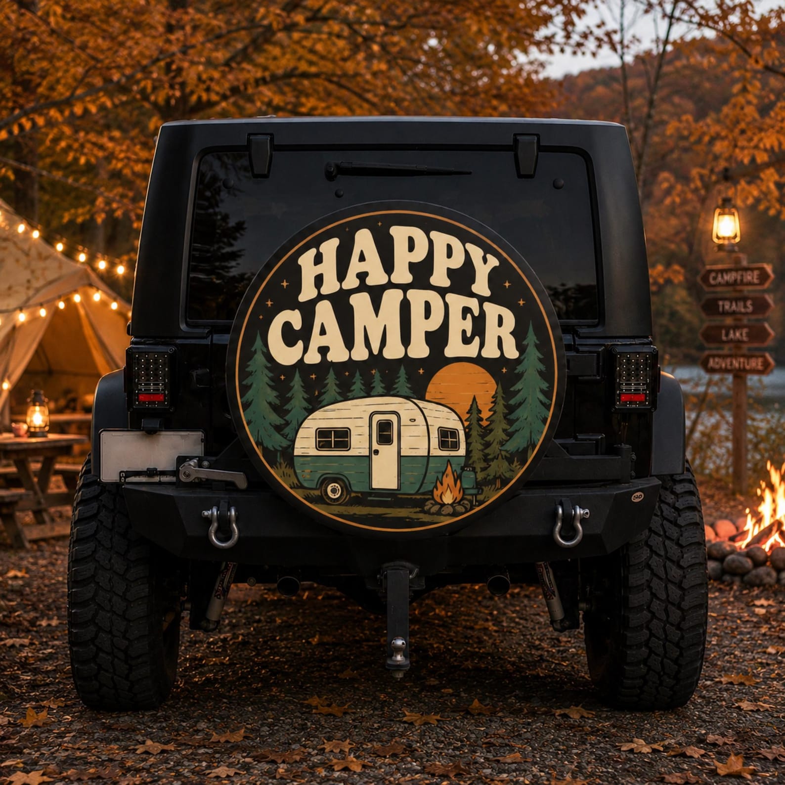 Happy Camper PVC Leather Spare Tire Cover, Fits Jeeps, Trailers, RVs, SUVs, Trucks & More, Vintage Camper Design, Camping Gift for Outdoor Lovers. TCPETAL11
