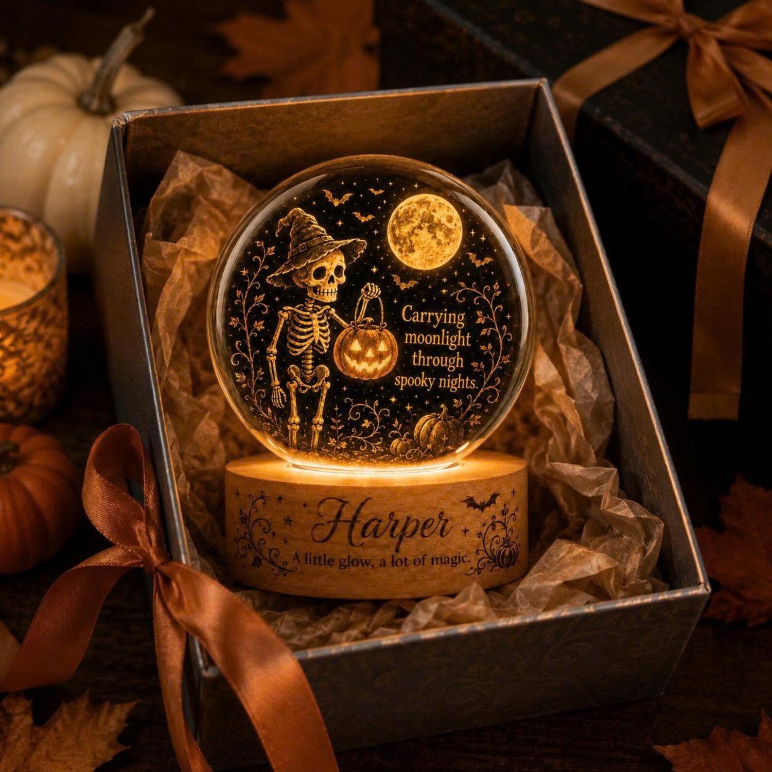 Personalized Skeleton Moon Night Light, Custom Name Acrylic Lamp. LEDPETAL23