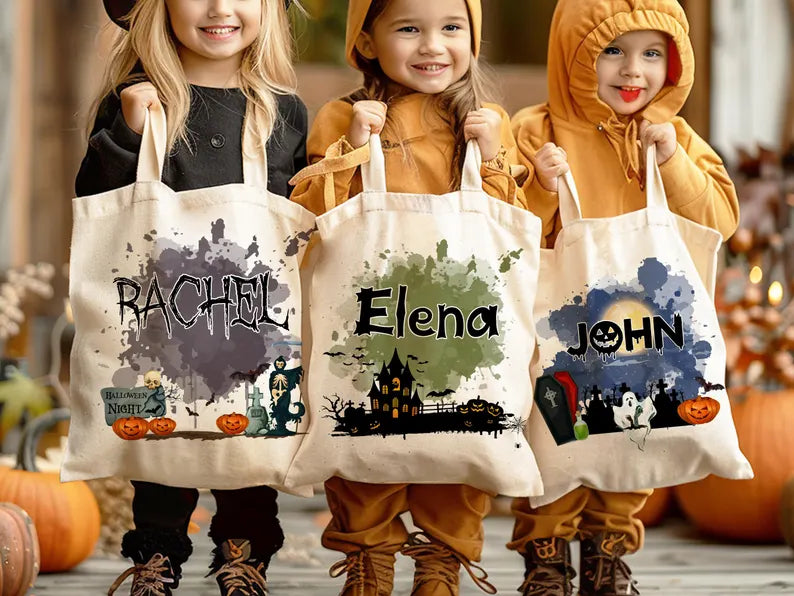 Personalized Halloween Tote Bag, Custom Name Trick or Treat Bag, Gothic Witch Pumpkin Candy Bag, Spooky Kids Halloween Gift Tote. HLWTBPETAL5