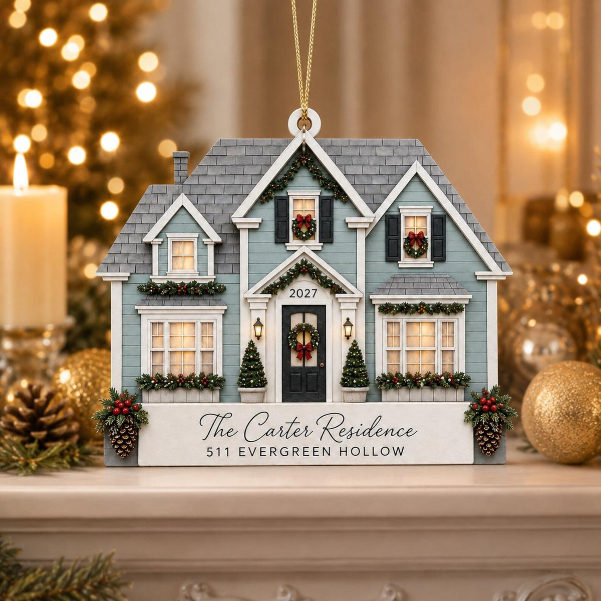 Personalized 2D Flat House Christmas Ornament, Custom New Home Wooden Ornament, Family Address Gift, Housewarming Keepsake COPETAL03