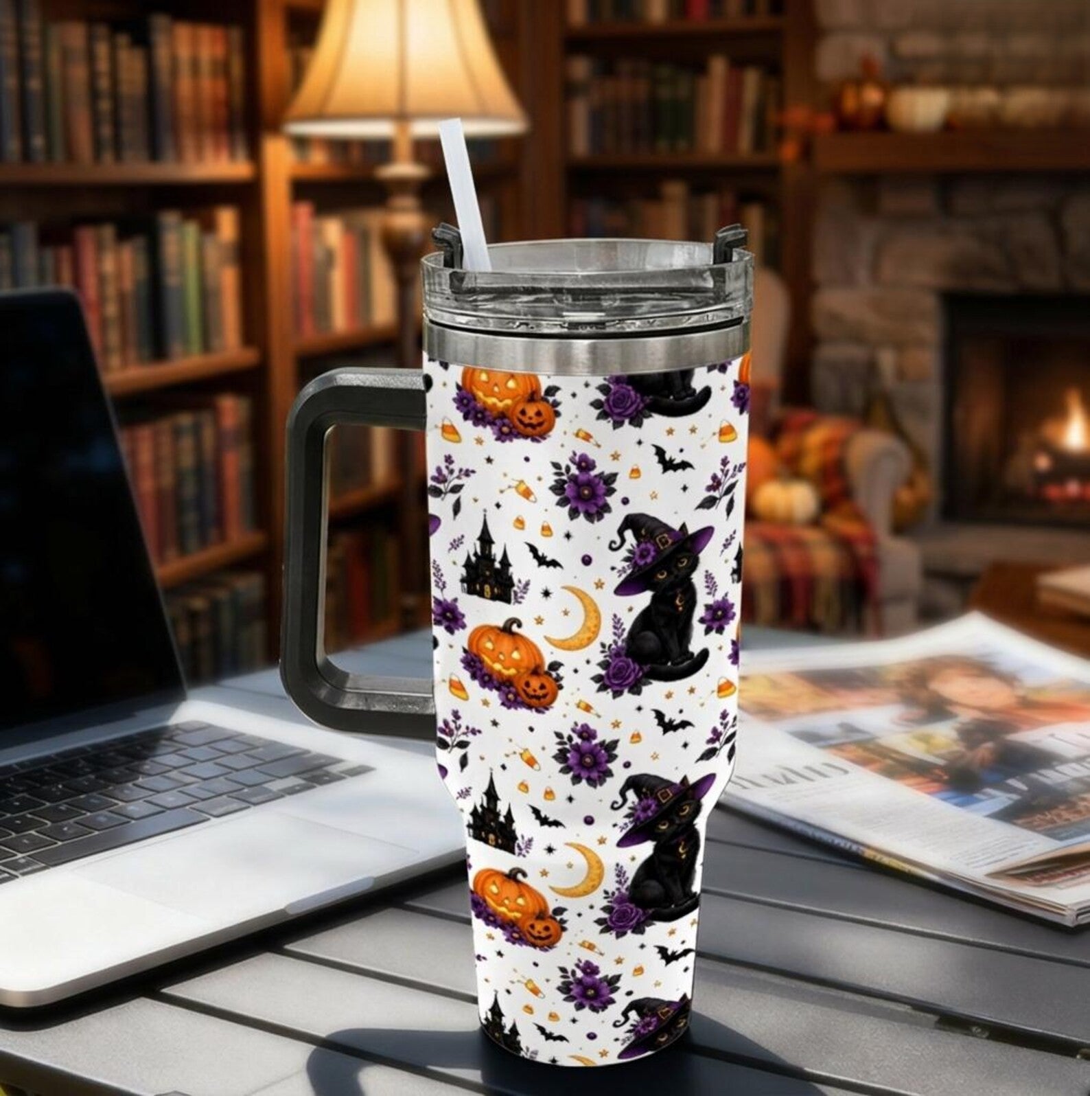 Cute Halloween Black Cat 40oz Tumbler with Handle, Witch Cat Pumpkin Bat Floral Stainless Steel Mug, Spooky Season Drinkware Gift. TBLPETAL2
