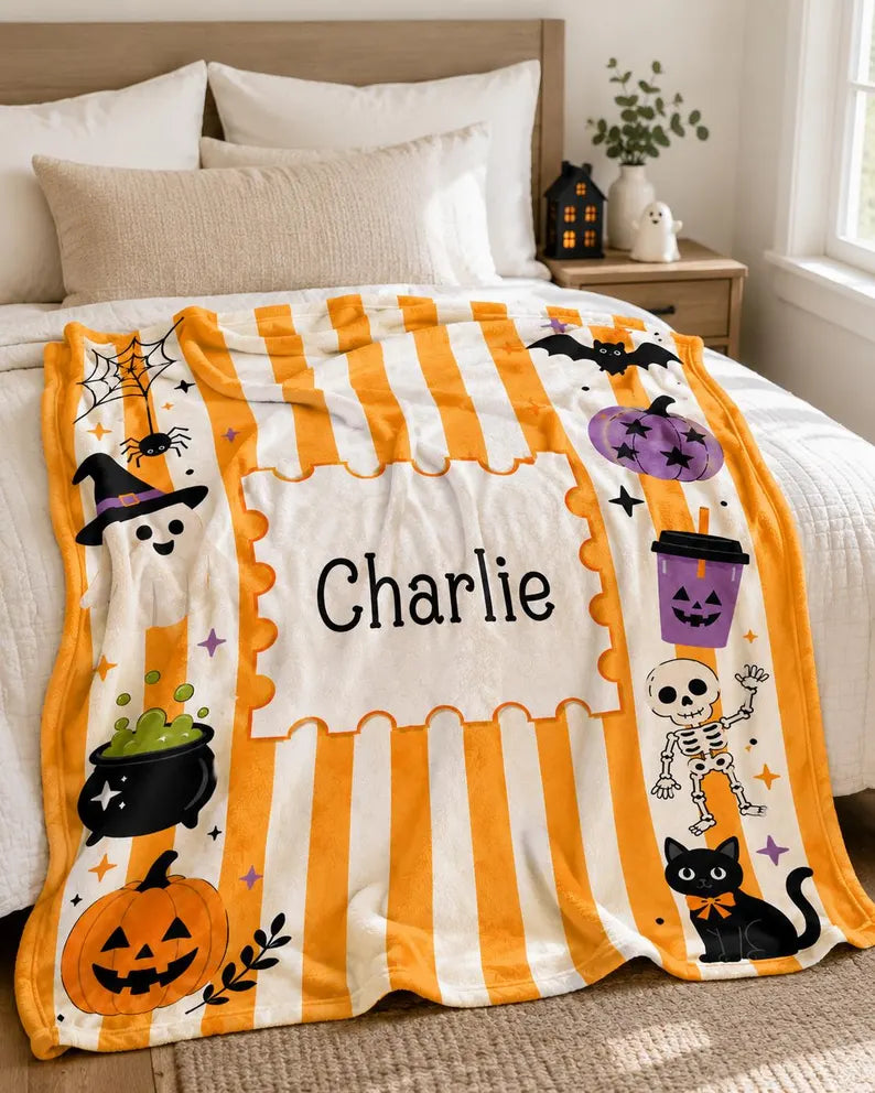 Personalized Halloween Stripe Plush Blanket For Kid, Cute Ghost Pumpkin Cat Bat Skeleton Blanket, Halloween Name Blanket, Kid Halloween Gift. BLKPETAL2
