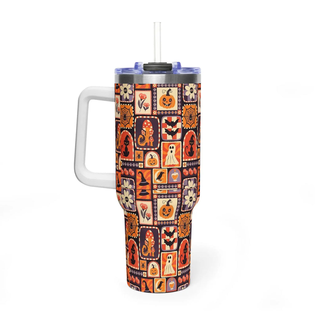 Retro Halloween Patchwork 40oz Tumbler with Handle, Vintage Spooky Ghost Pumpkin Quencher, Cozy Autumn Cat Travel Mug, 40oz tumbler. TBLPETAL11