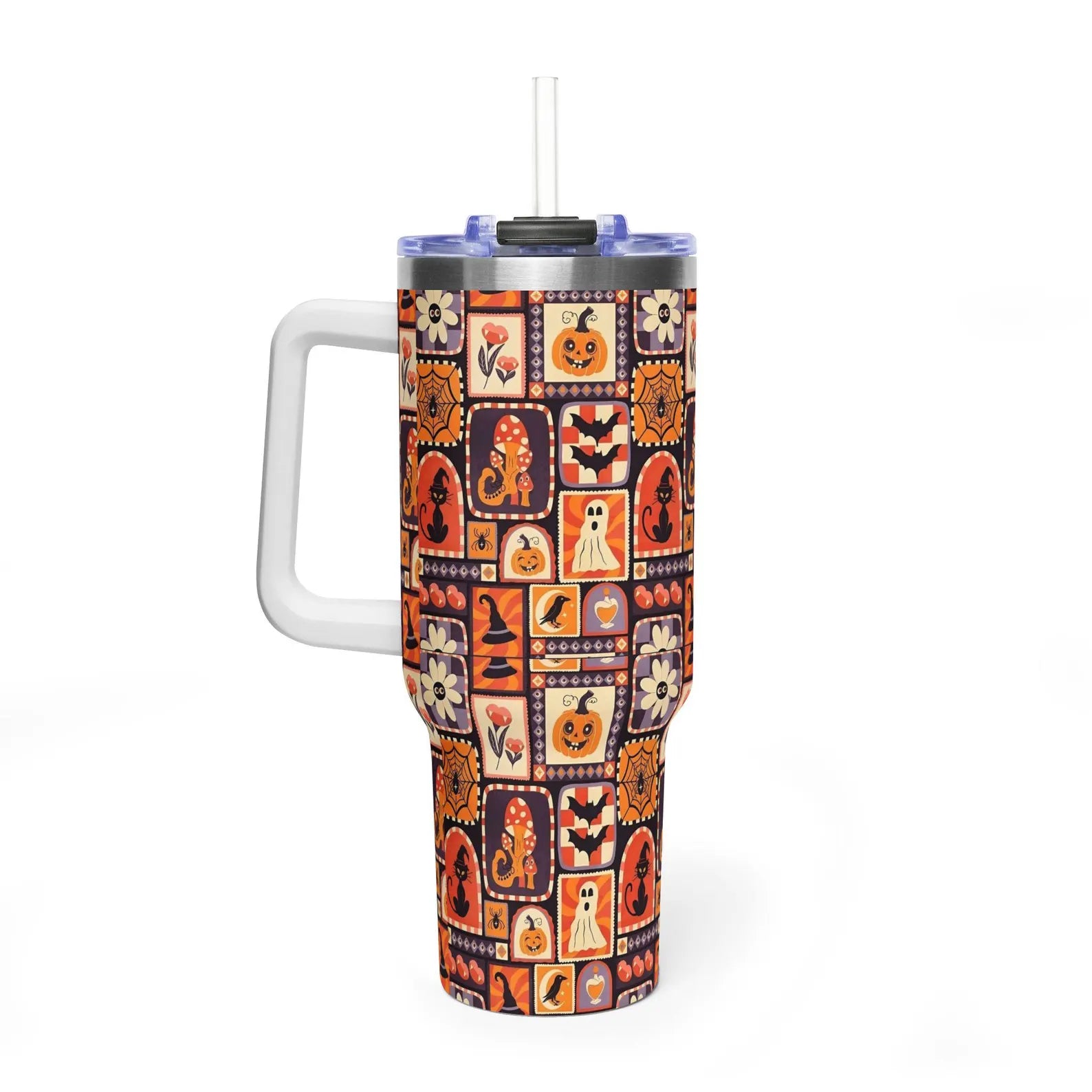 Retro Halloween Patchwork 40oz Tumbler with Handle, Vintage Spooky Ghost Pumpkin Quencher, Cozy Autumn Cat Travel Mug, 40oz tumbler. TBLPETAL11