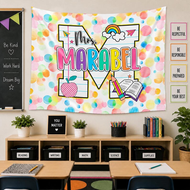 Personalized Welcome Back To School Teacher Tapestry, Classroom Wall Art Banner. CBPETAL04