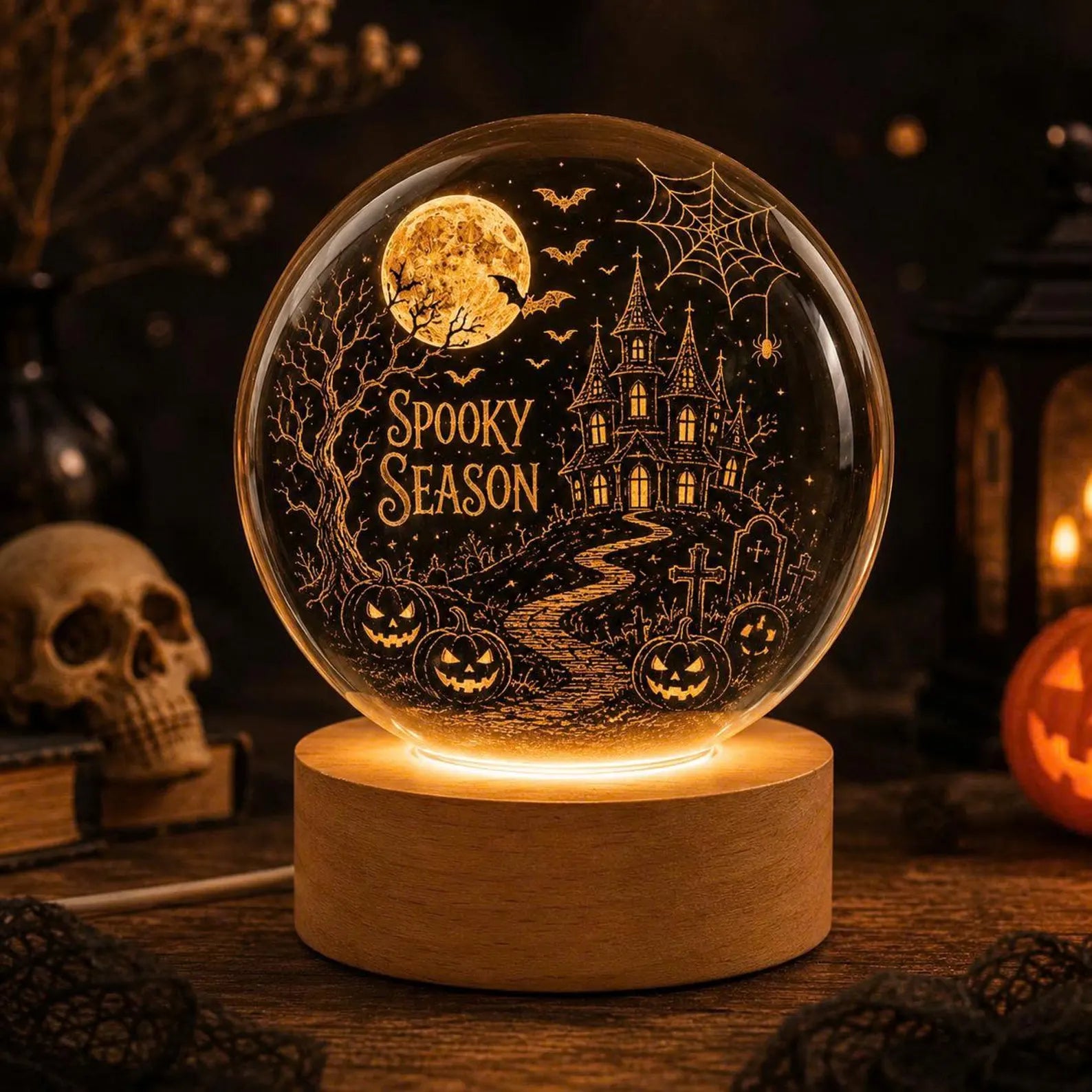 Personalized Halloween Crystal Ball Light, Spooky Season LED Lamp, Custom Name Wood Base. LEDPETAL4