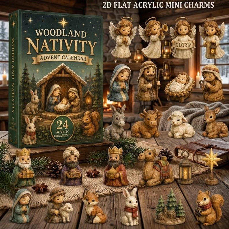 Christian Nativity Advent Calendar 2026, 24 Christmas Ornaments Countdown Calendar, Woodland Bible Story Gift for Kids & Families AXMAS04
