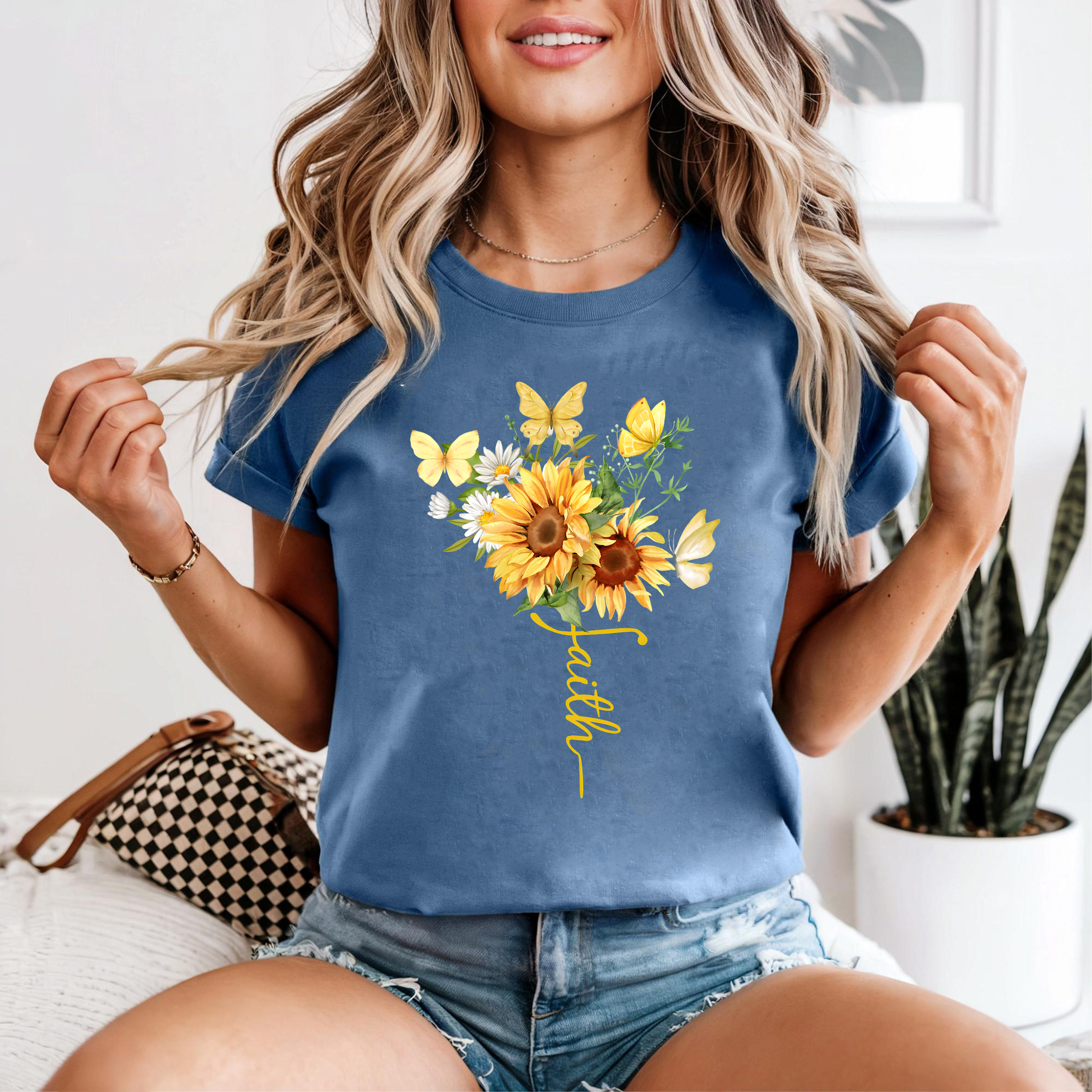 Faith Sunflower Shirt, Christian Graphic Tee, Butterfly Floral T-Shirt, Religious Faith Shirt Gift, Inspirational Shirt