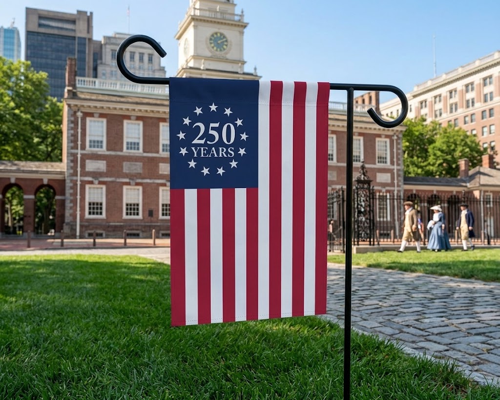250th Anniversary Betsy Ross Porch Flag, Patriotic 2026 Outdoor Yard Decor, 250th Birthday Garden Flag Made in USA. GFPETAL10