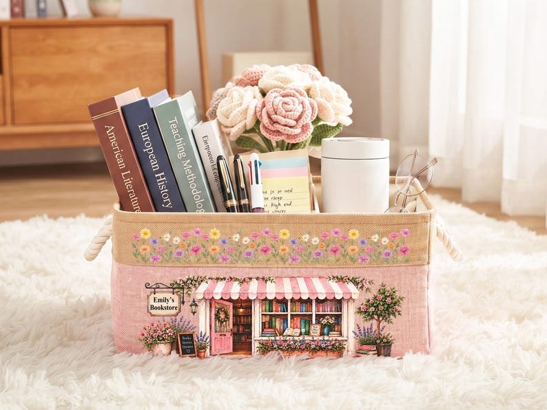Custom Book Store Basket With Name, Floral Canvas Storage Bin, Book Lover Decor, Personalized Organizing Basket, Gift For Librarian BBPETAL14