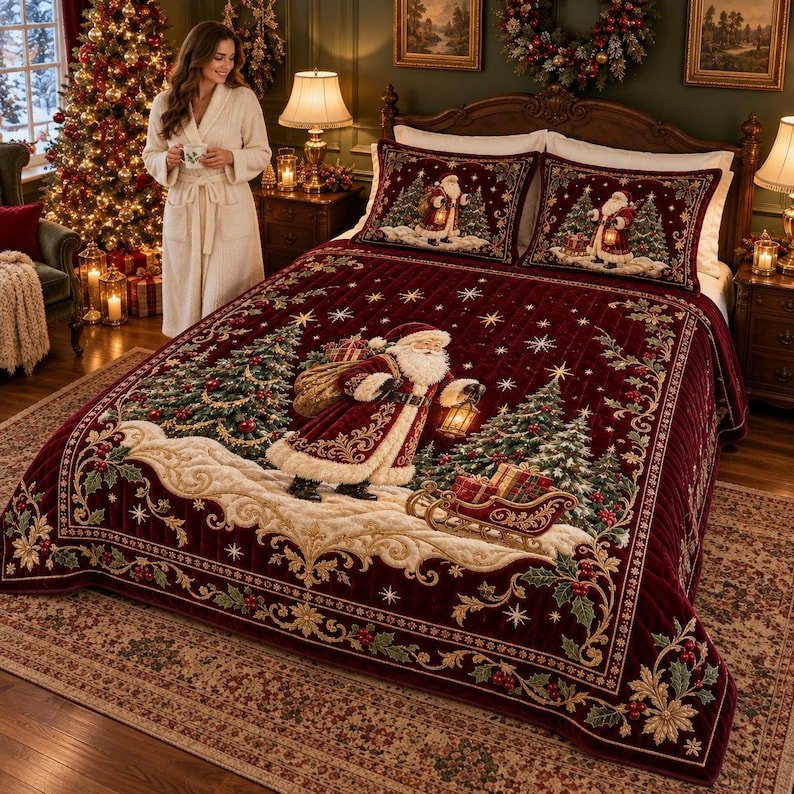 Victorian Santa Claus Quilted Bedding Set, Christmas Holiday Bedspread with Pillowcases, Festive Winter Bedroom Decor, Bedding Decor PTBED04