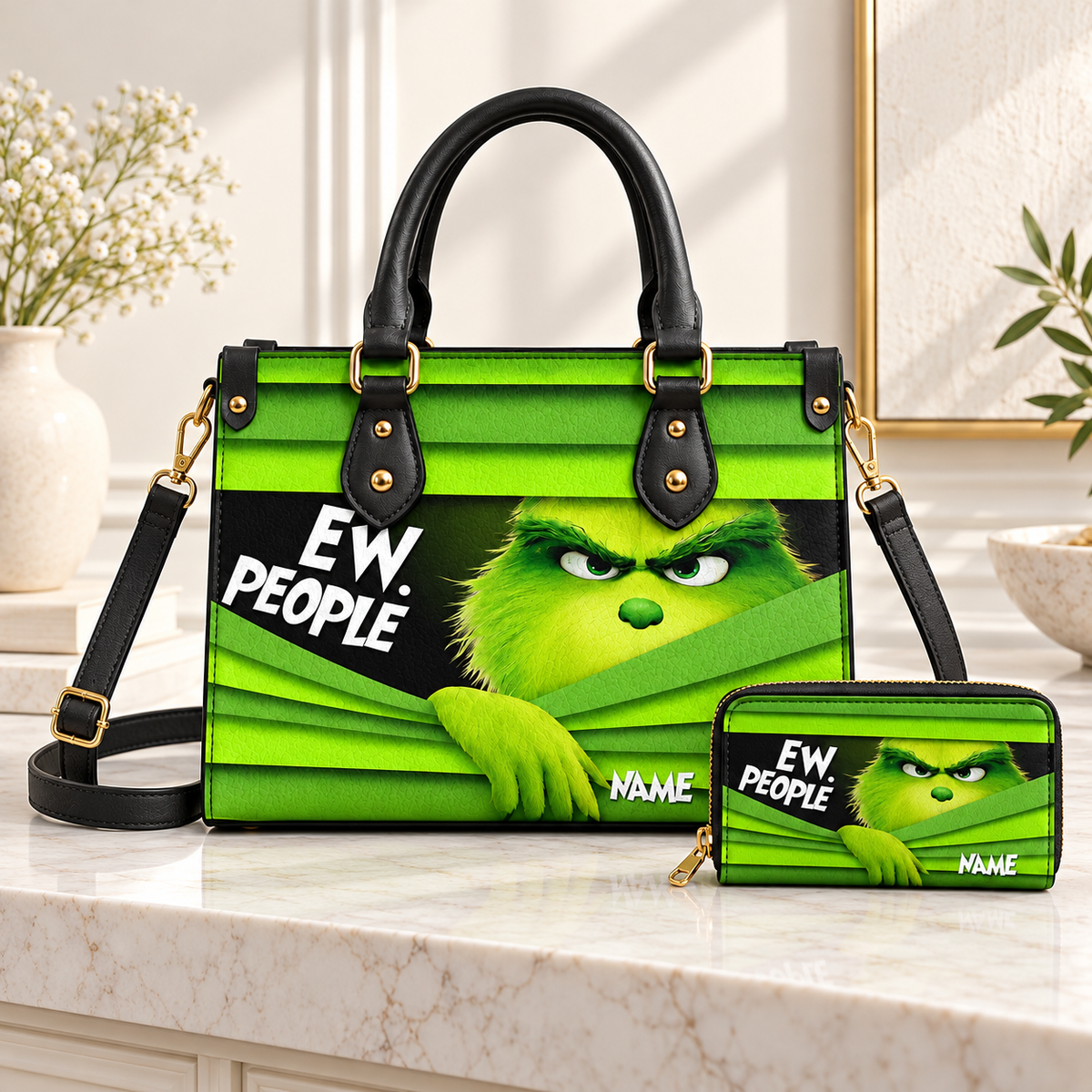 Personalized Funny Grinch Christmas Leather Handbag, Grinch Christmas Leather Tote Bag, Grinch Wallet, Christmas Bag Gift GBAG04