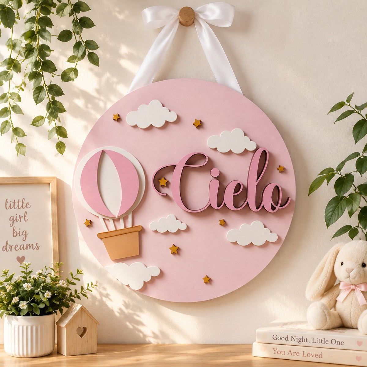 Personalized Hot Air Balloon Wooden Sign, Custom Girl Name Door Sign, Pink Nursery Wall Decor, Baby Girl Room Gifta WOODKID03
