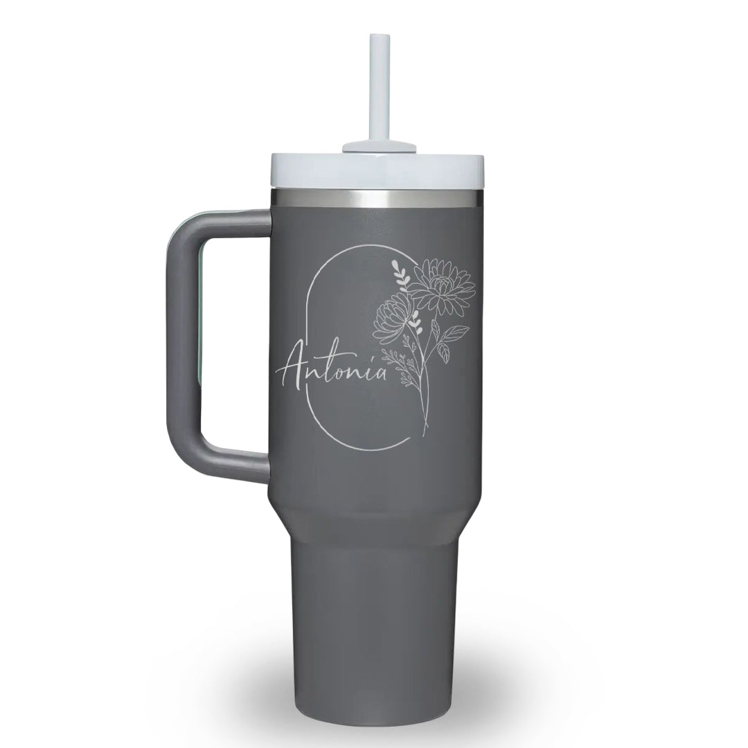 Personalized 40oz Tumbler with Handle, Monthly Bloom Birth Flower Cup, Custom Name Insulated Tumbler with Straw, Gift for Her