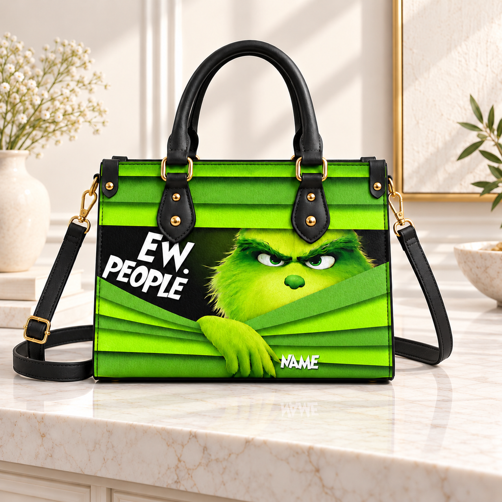 Personalized Funny Grinch Christmas Leather Handbag, Grinch Christmas Leather Tote Bag, Grinch Wallet, Christmas Bag Gift GBAG04