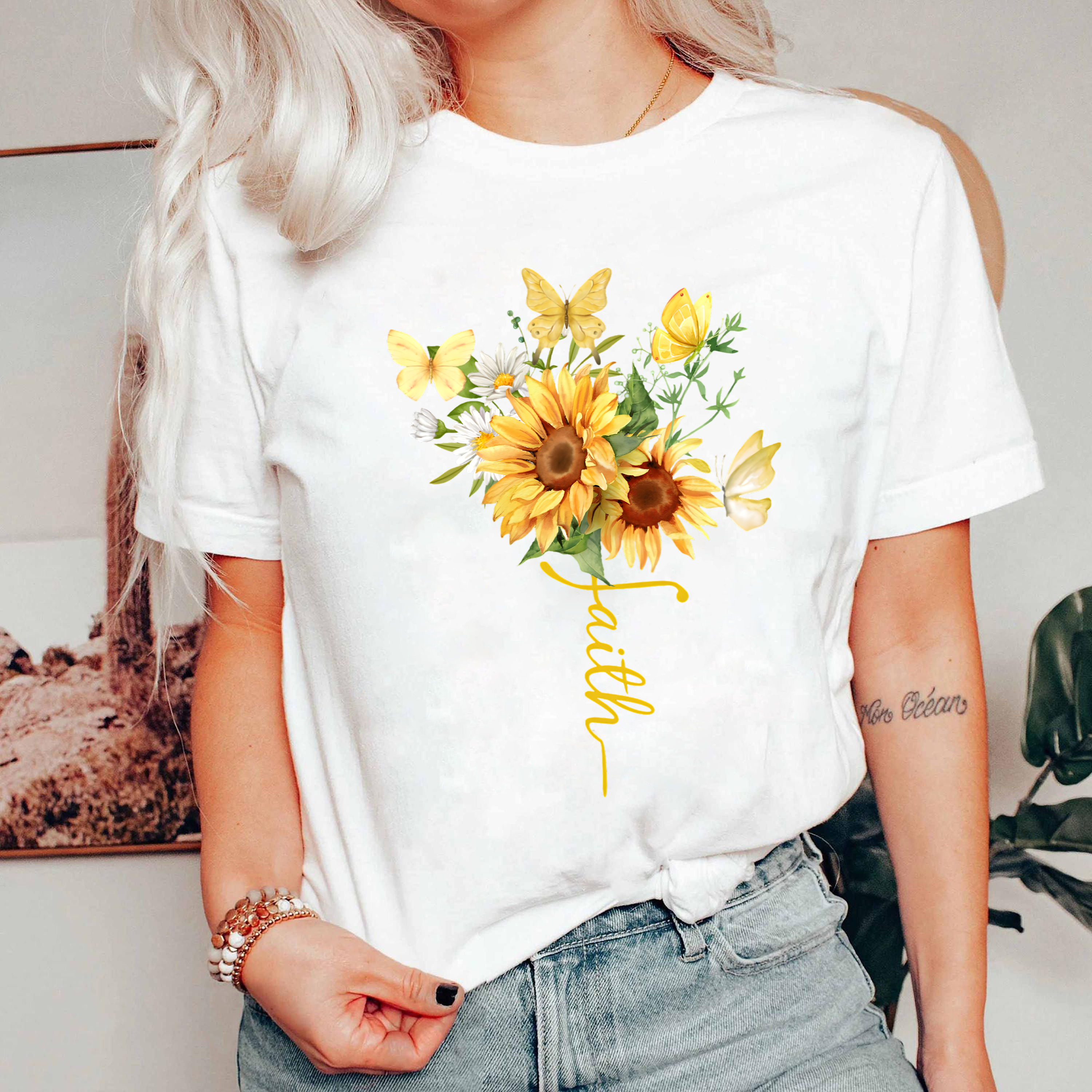 Faith Sunflower Shirt, Christian Graphic Tee, Butterfly Floral T-Shirt, Religious Faith Shirt Gift, Inspirational Shirt