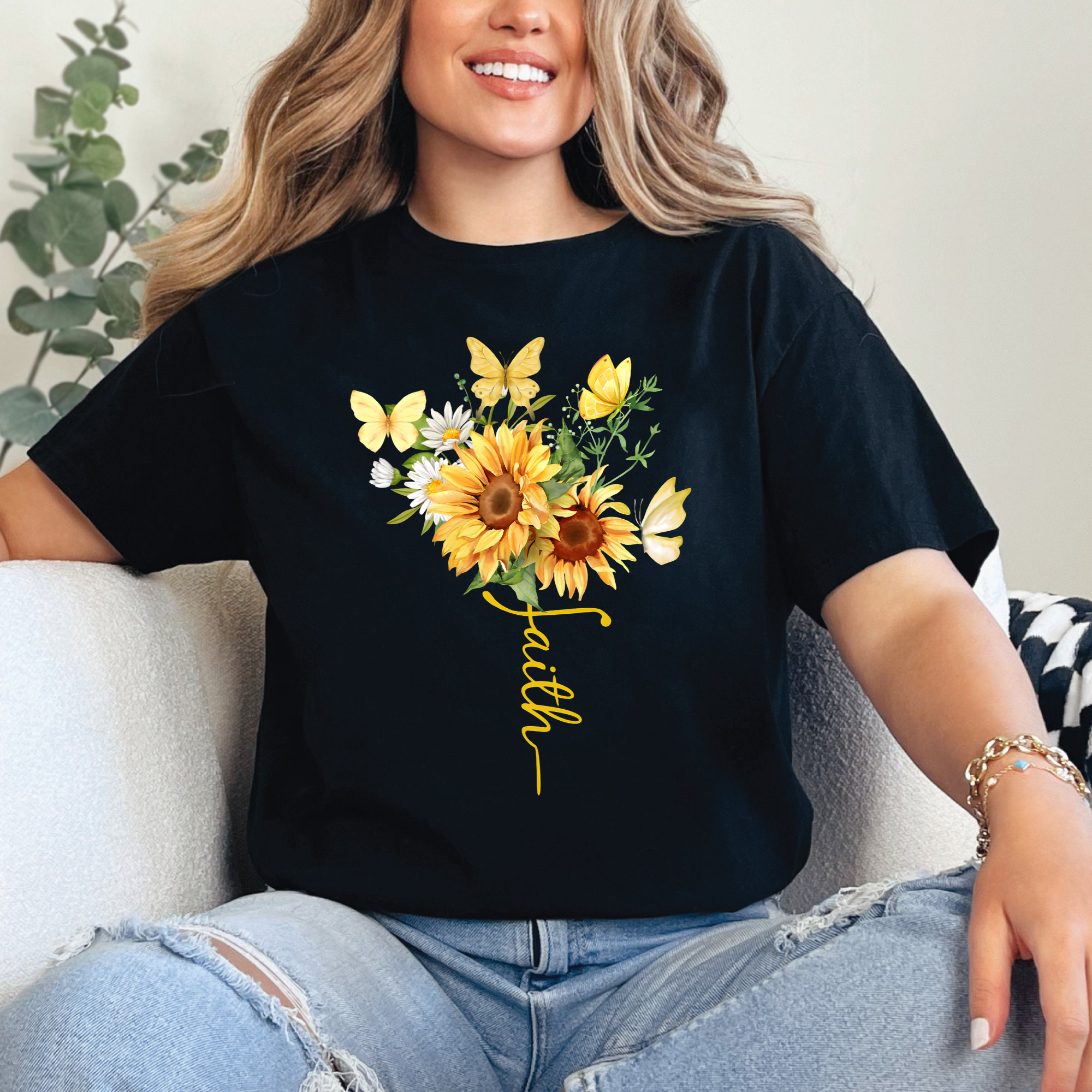 Faith Sunflower Shirt, Christian Graphic Tee, Butterfly Floral T-Shirt, Religious Faith Shirt Gift, Inspirational Shirt