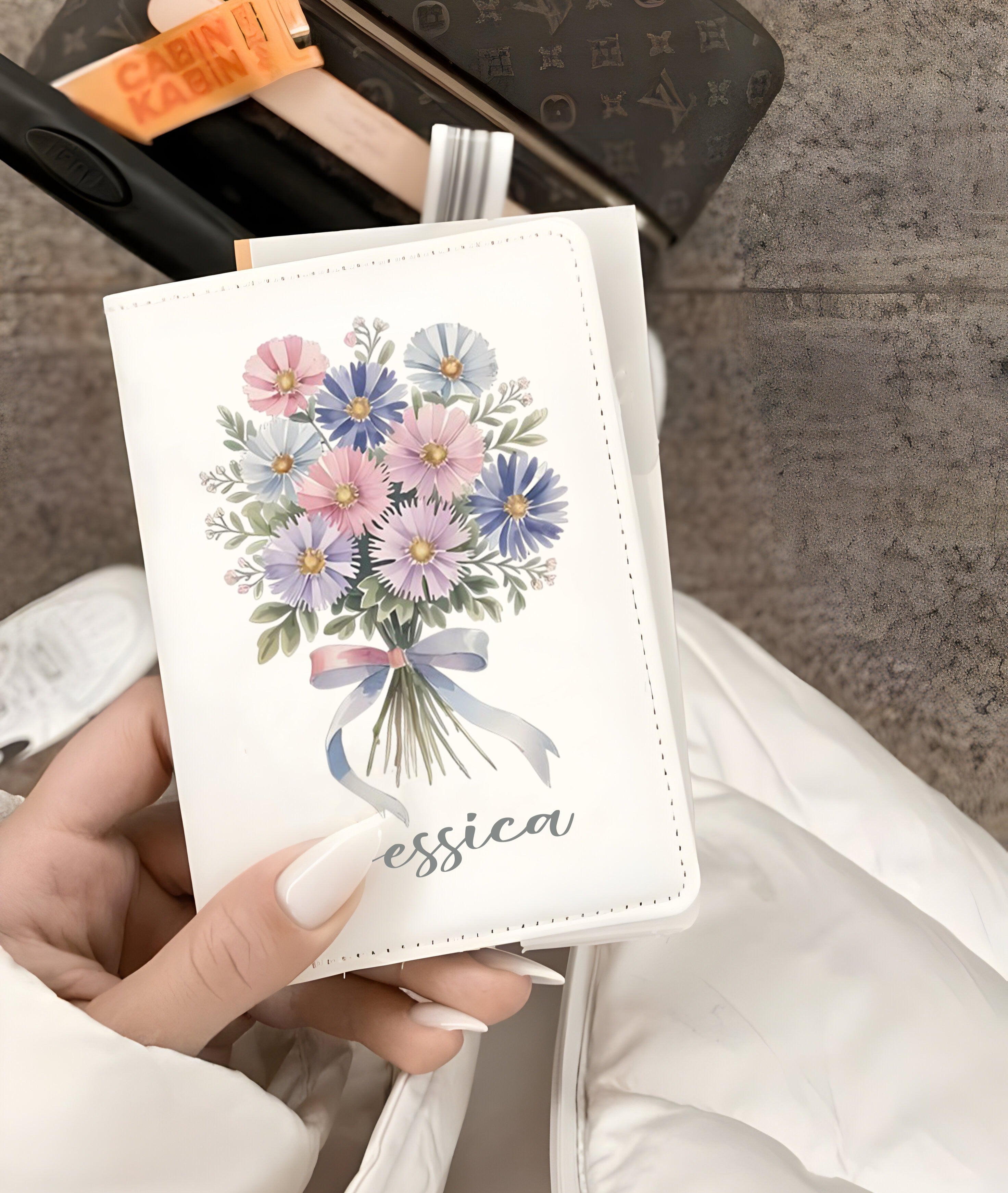 Personalized Birth Flower Leather Passport Cover, Custom Name Engraved Passport Holder, Floral Travel Wallet Gift for Women Travelers