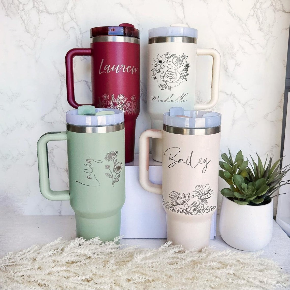 Personalized Flowers With Name Tumbler 40oz, Stainless Steel Tumblers With Straw Handle, Custom Design Tumbler, Birthday Gift