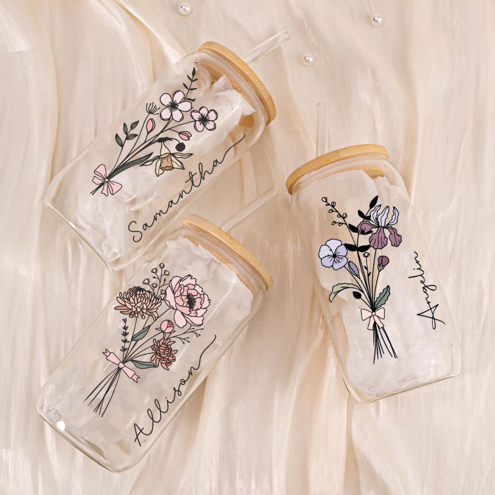 Personalized Floral Glass Cup with Bamboo Lid and Straw, Custom Name Line Art Flower Iced Coffee Tumbler, Minimalist Gift for Her