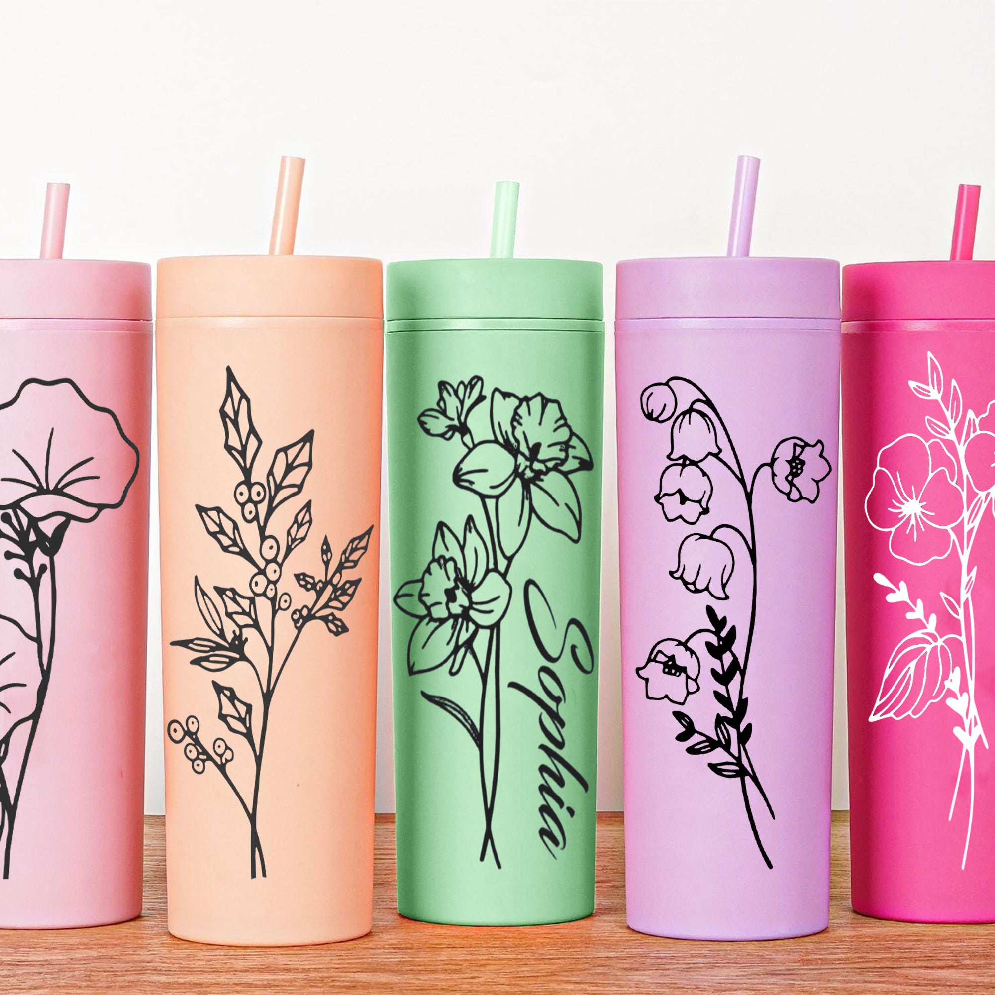 Personalized Birth Flowers Skinny Tumbler With Name, Custom Floral Initial Cup With Straw, Stainless Steel Skinny Tumbler, Birthday Gift For Her