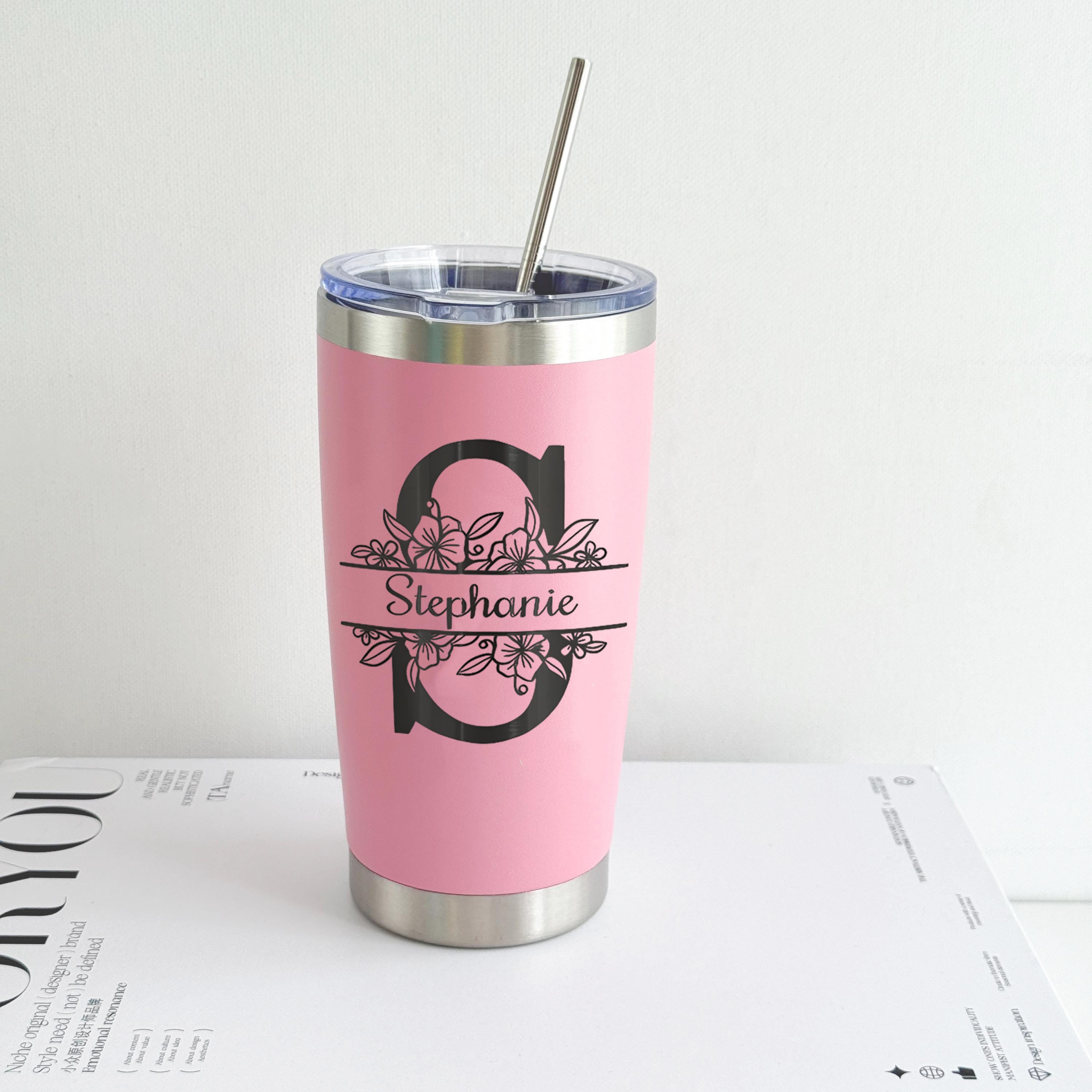 Personalized Initial Tumbler with Name and Flowers, Custom Stainless Steel Travel Mug with Straw, Monogram Floral Gift for Her