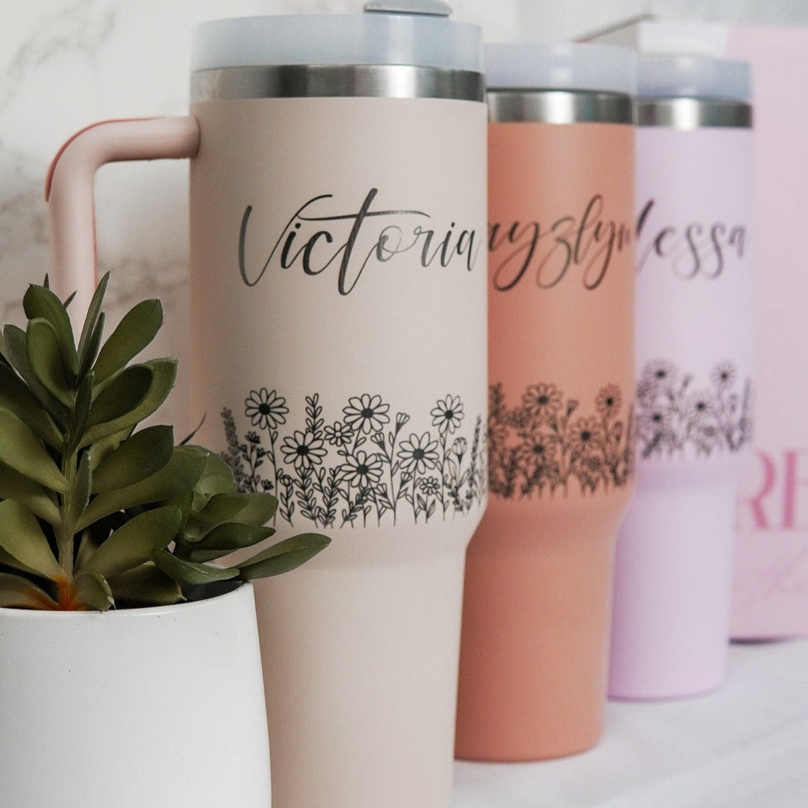 Personalized Flowers With Name Tumbler 40oz, Stainless Steel Tumblers With Straw Handle, Custom Design Tumbler, Birthday Gift