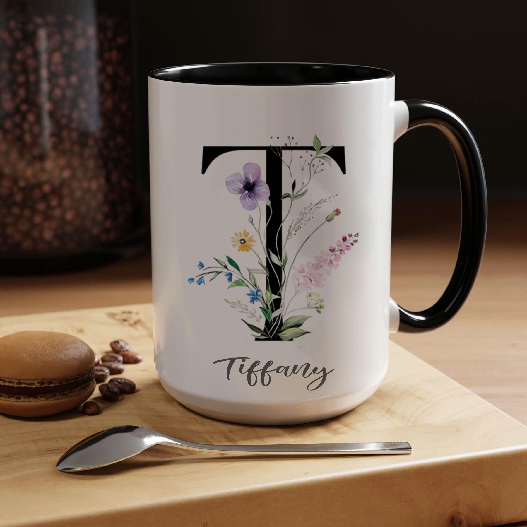 Personalized Flower Alphabet Mug, Custom Initial Letter Coffee Cup with Name, Botanical Monogram Gift for Her, Birthday or Bridesmaid