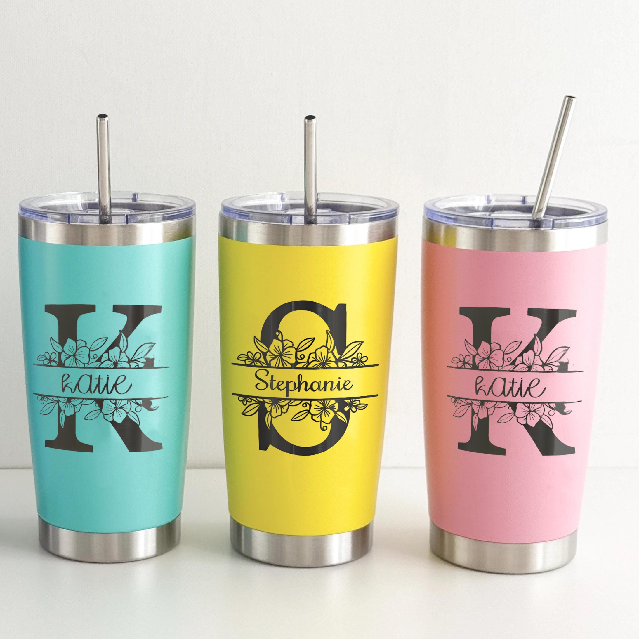 Personalized Initial Tumbler with Name and Flowers, Custom Stainless Steel Travel Mug with Straw, Monogram Floral Gift for Her