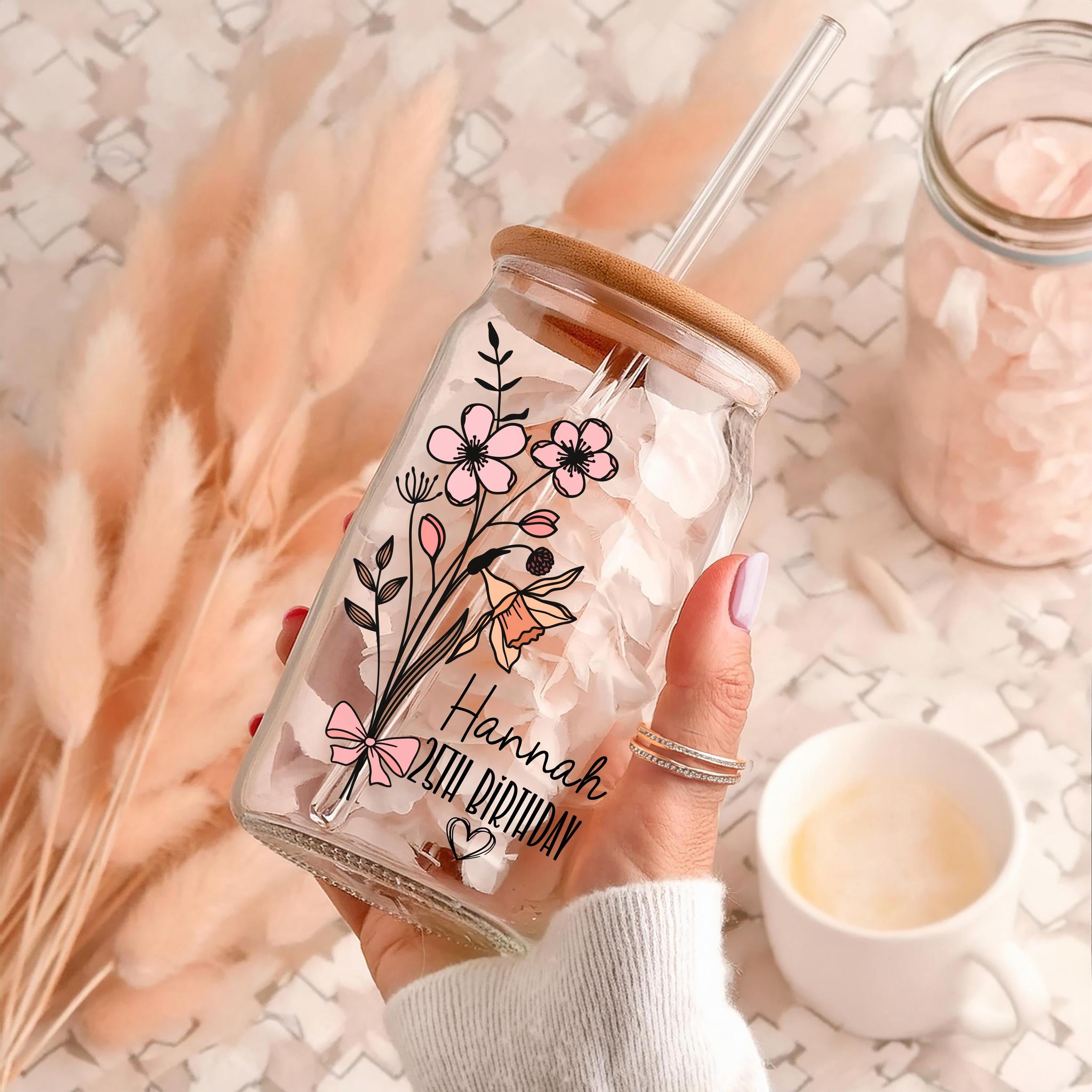 Personalized Floral Glass Cup with Bamboo Lid and Straw, Custom Name Line Art Flower Iced Coffee Tumbler, Minimalist Gift for Her