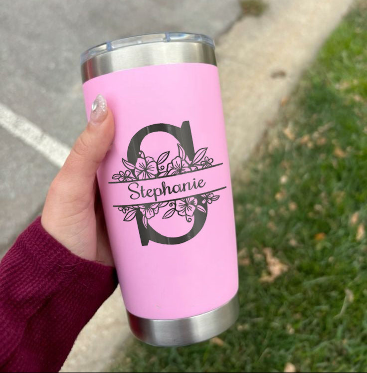 Personalized Initial Tumbler with Name and Flowers, Custom Stainless Steel Travel Mug with Straw, Monogram Floral Gift for Her