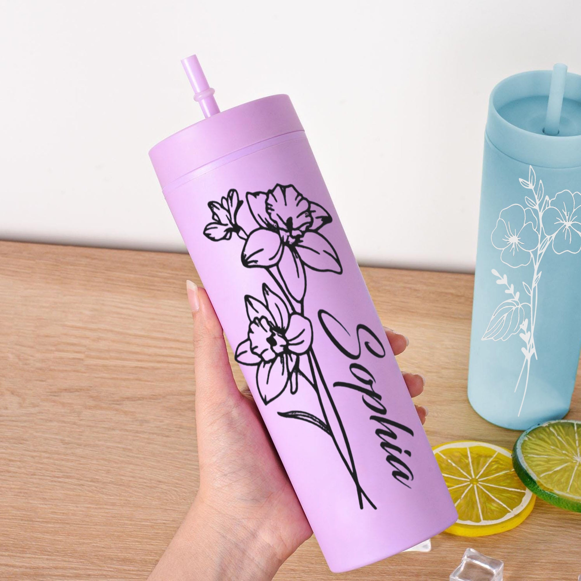 Personalized Birth Flowers Skinny Tumbler With Name, Custom Floral Initial Cup With Straw, Stainless Steel Skinny Tumbler, Birthday Gift For Her