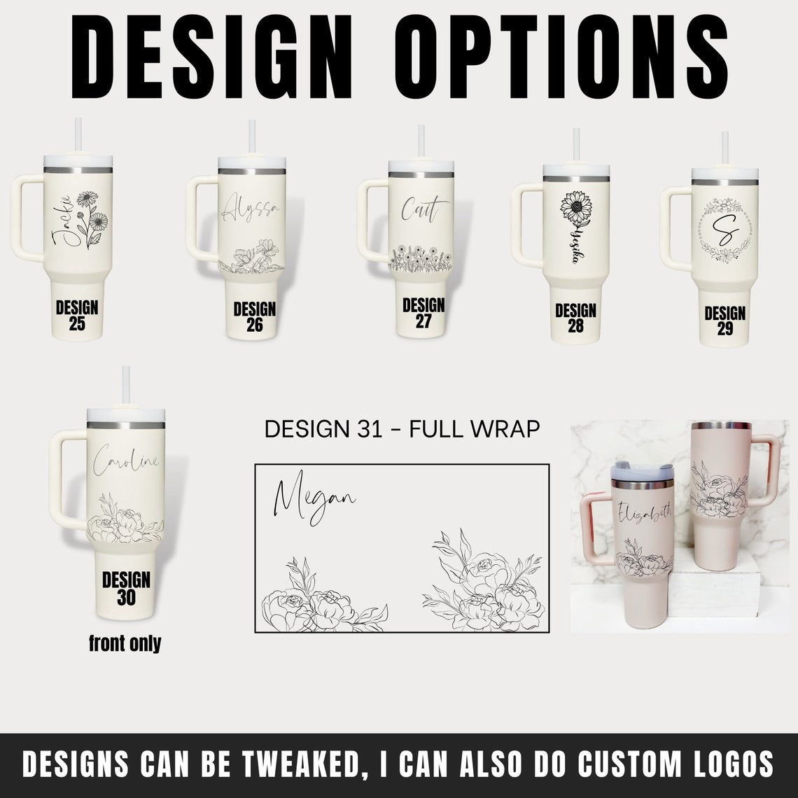 Personalized Flowers With Name Tumbler 40oz, Stainless Steel Tumblers With Straw Handle, Custom Design Tumbler, Birthday Gift