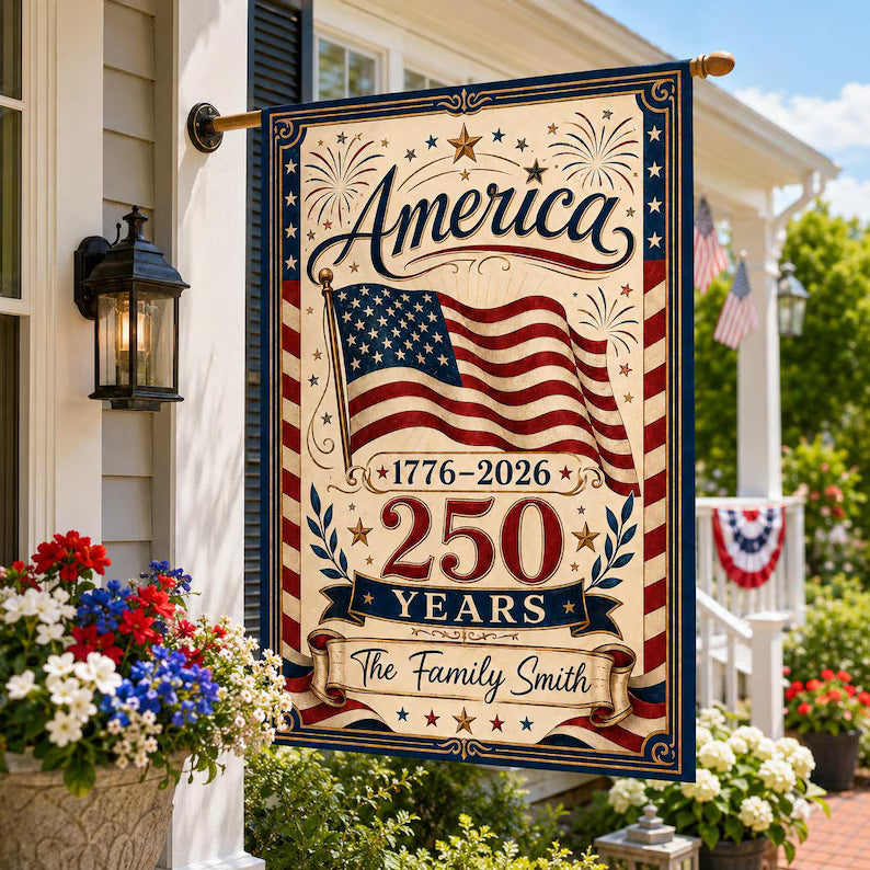 Personalized America 250 Garden Flag, Custom Family Name Patriotic Yard Flag, 1776-2026 Fourth of July House Flag, USA Outdoor Decor Gift. GFPETAL09
